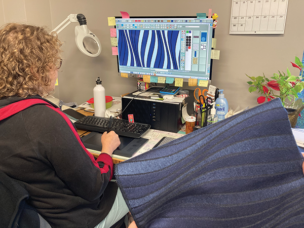 Total look, one stop. To design this fabric for Serta Simmons Bedding, Denise Dickinson selects a color, which is converted by software to give instruction to the looms. 